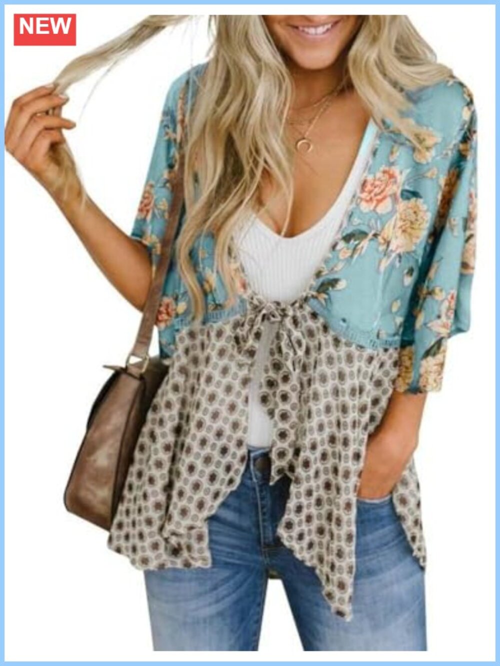 Womens Floral Kimono Cardigan 3/4 Sleeve Tie Front Beach Cover Up